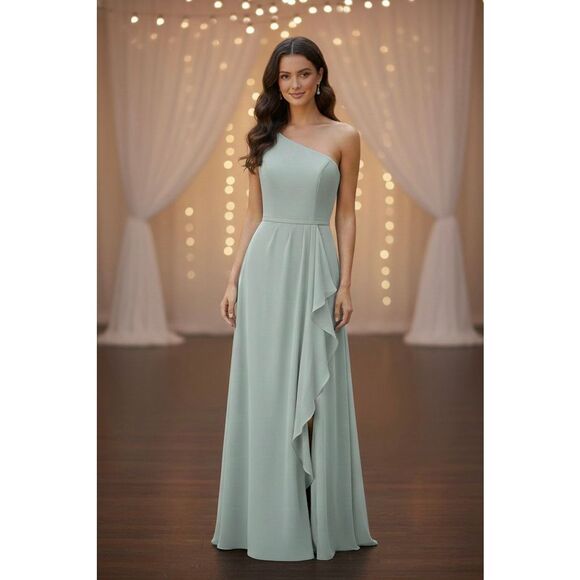 NEW David’s Bridal Chiffon One Shoulder Maxi Dress with Cascade Size 4 Green Dus - Picture 1 of 10